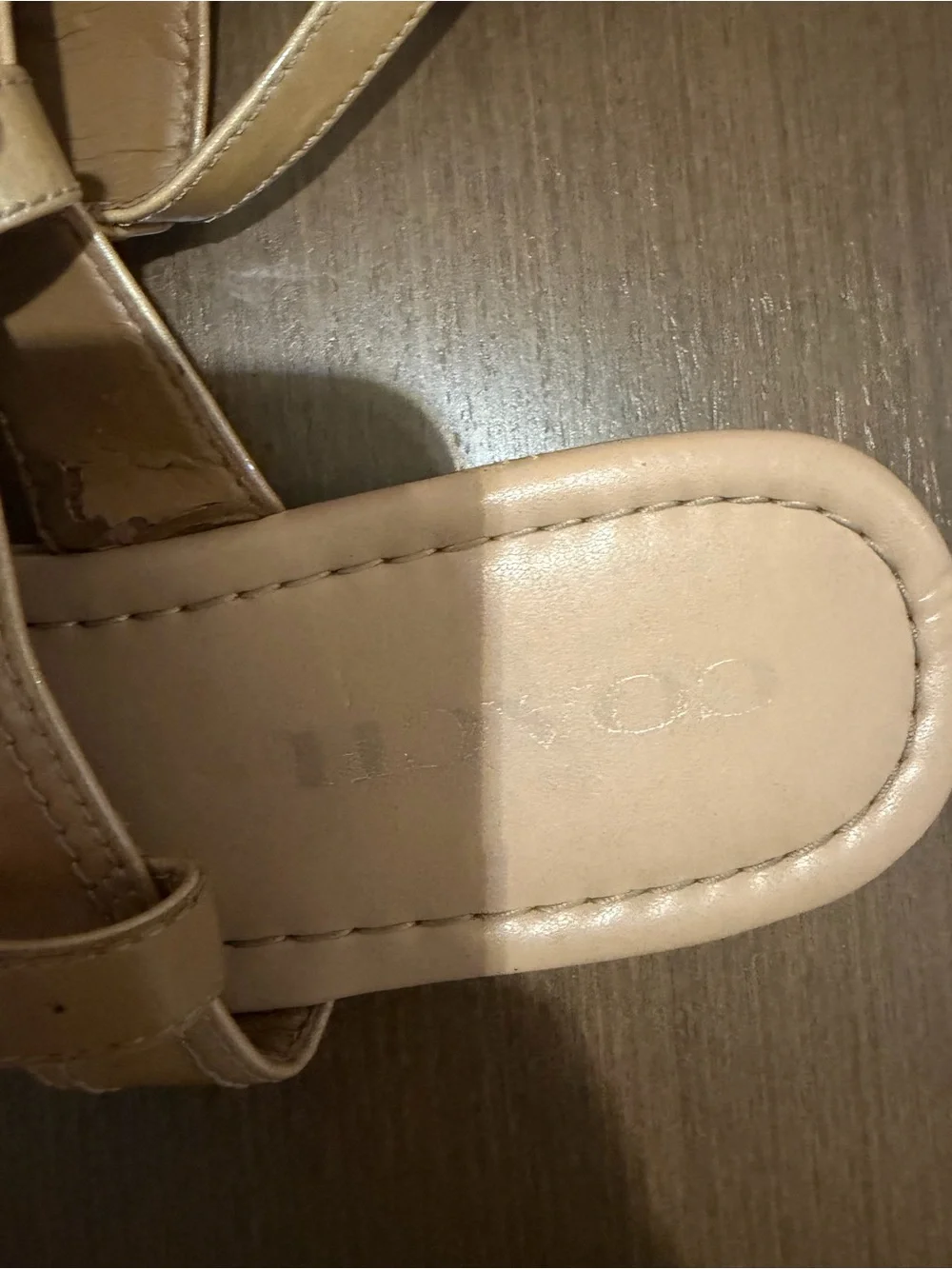 Coach Women's Tan Leather T-Strap Sandals with Gold Buckle